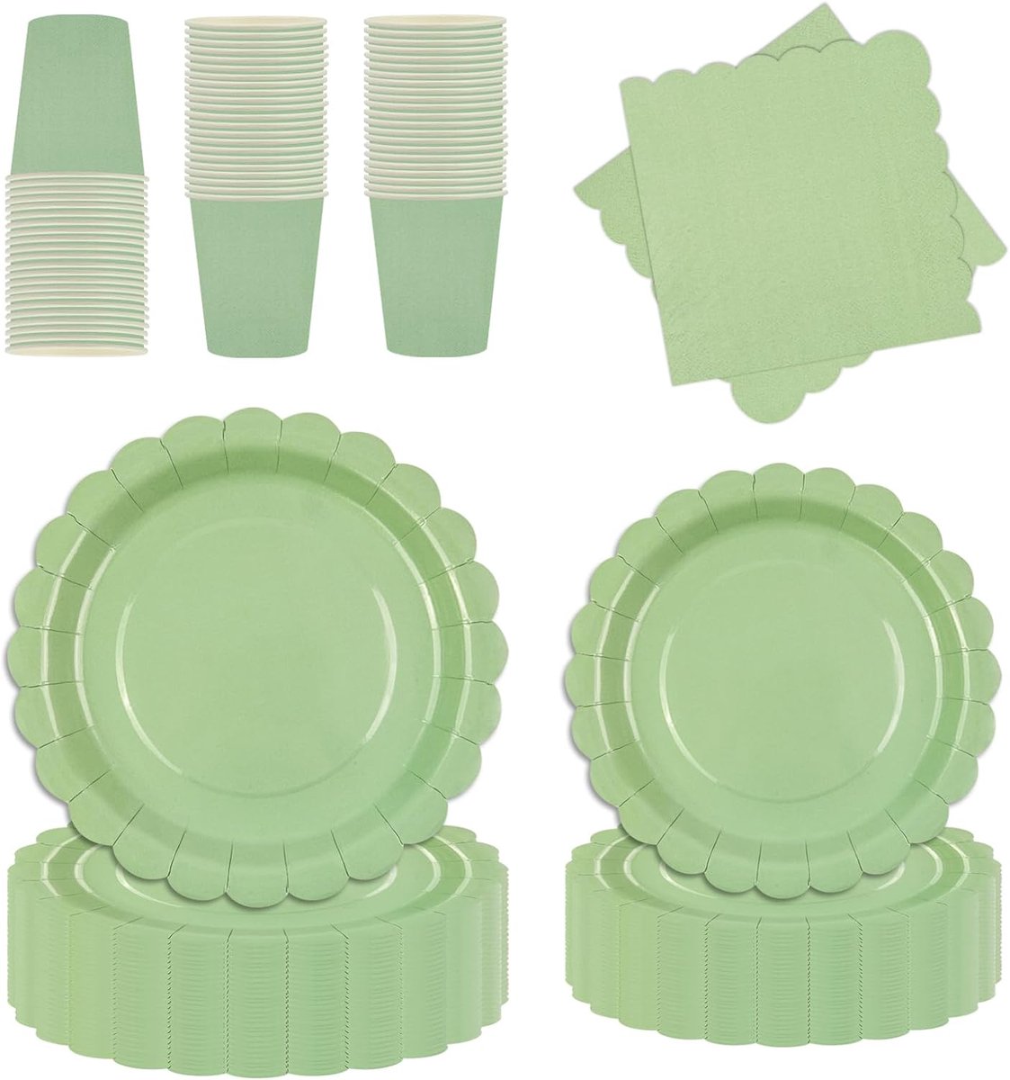 Set van 80 stuks feestservies voor 20 gasten, roze kartonnen bordjes en bekers met golfrand, servetten, feestbordjes, schattig feestthema voor verjaardagen, bruiloften (Groen)