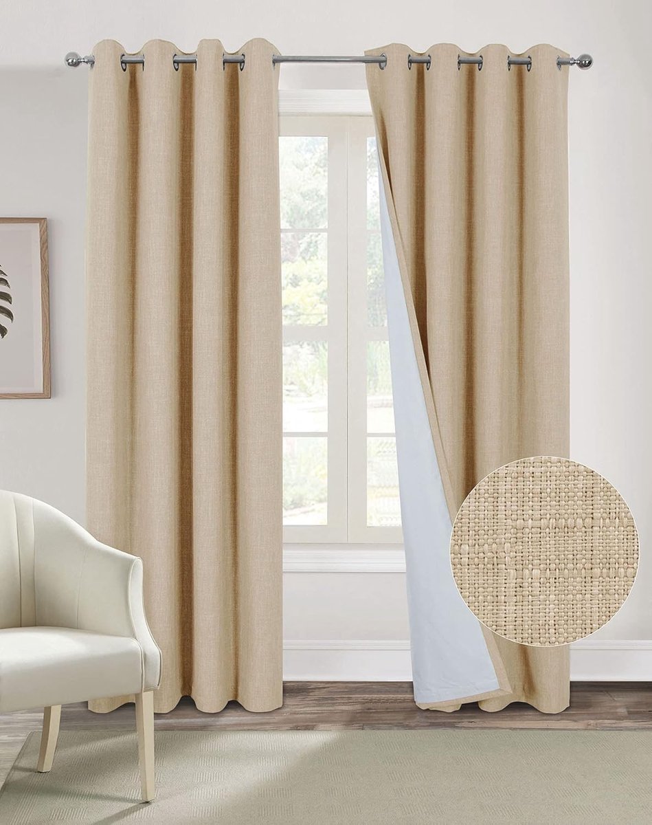 Always4u Verduisteringsgordijn, 100% warmte-isolerend imitatielinnen, dubbel gordijn, moderne woonkamer, met ringen, zachte kreukvrije stof, beige, 140 x 260 cm, set van 2