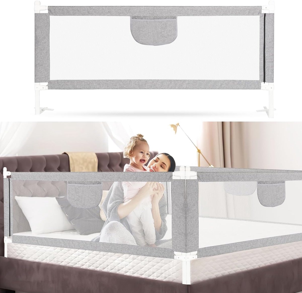 Bedhek, valbeveiliging, 150 cm, in hoogte verstelbaar, 64-96 cm, bedbeschermingshek, kinderbedhekje met luchtig net, voor kinderen en ouderbedden, stabiel, grijs, 2 stuks
