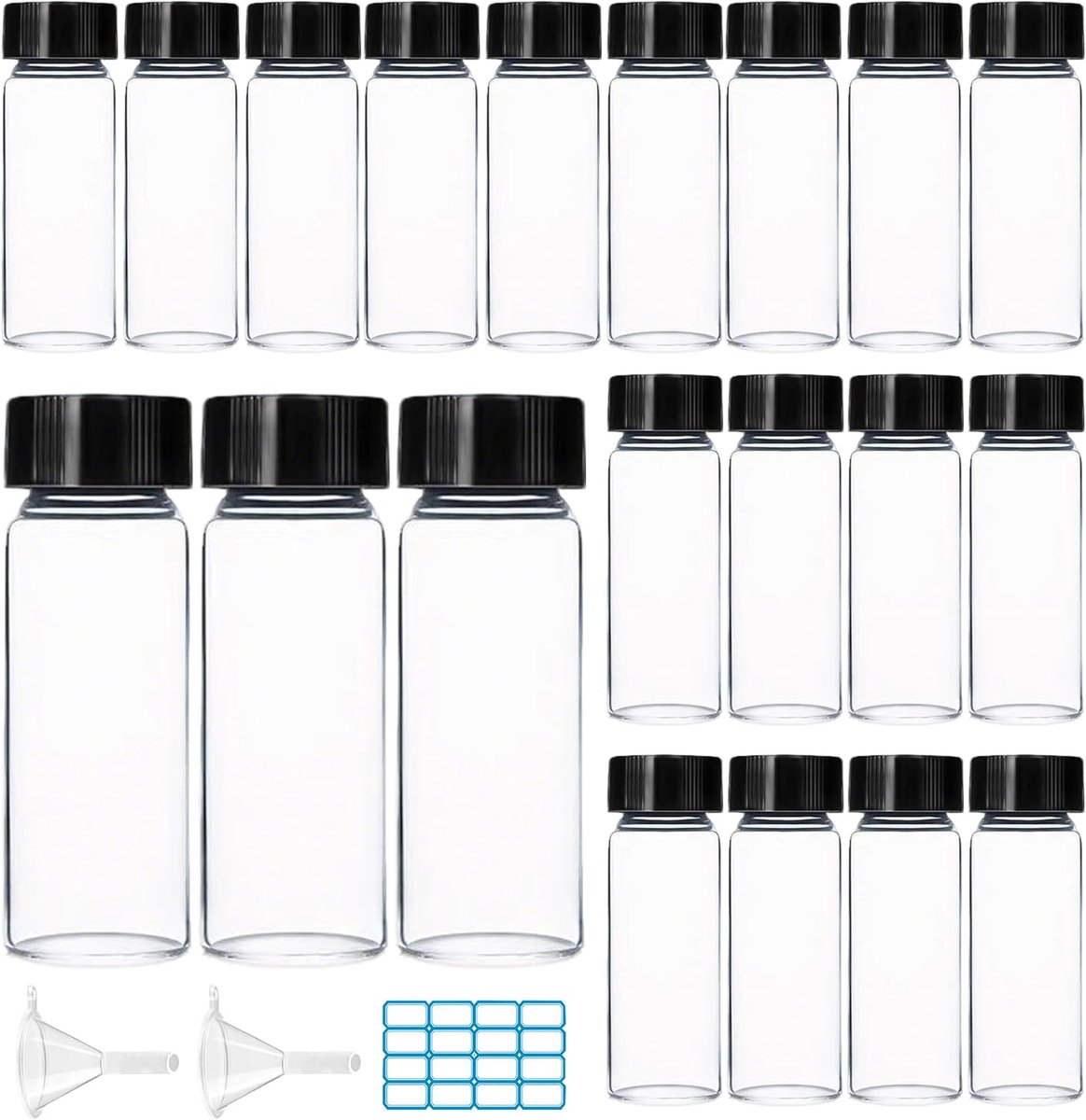 20 stuks monsterflessen, 30 ml, glazen flessen, transparant, mini-monsterfles, laboratoriumflessen, bemonstering, glazen flessen, inclusief pipet, trechter en etiket