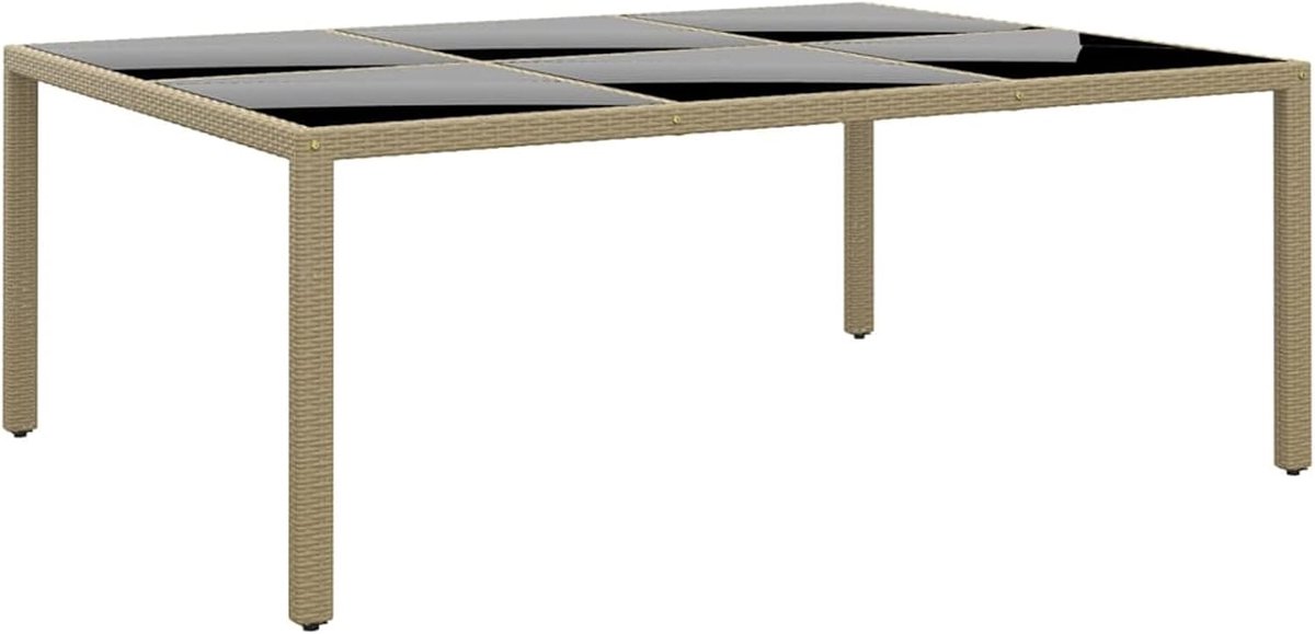 Tuintafel, eettafel, terrastafel, balkontafel, rotan tafel, tuinmeubelen, tafel, gehard glas en polyrotan, beige