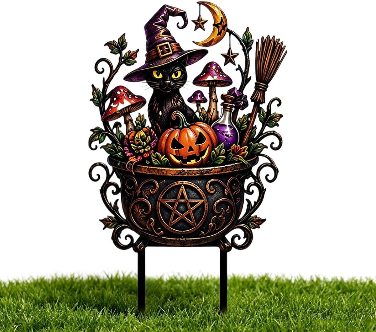 Tuinstaak, spook, zwarte kat, pompoen, tuinbord, buitendecoratie