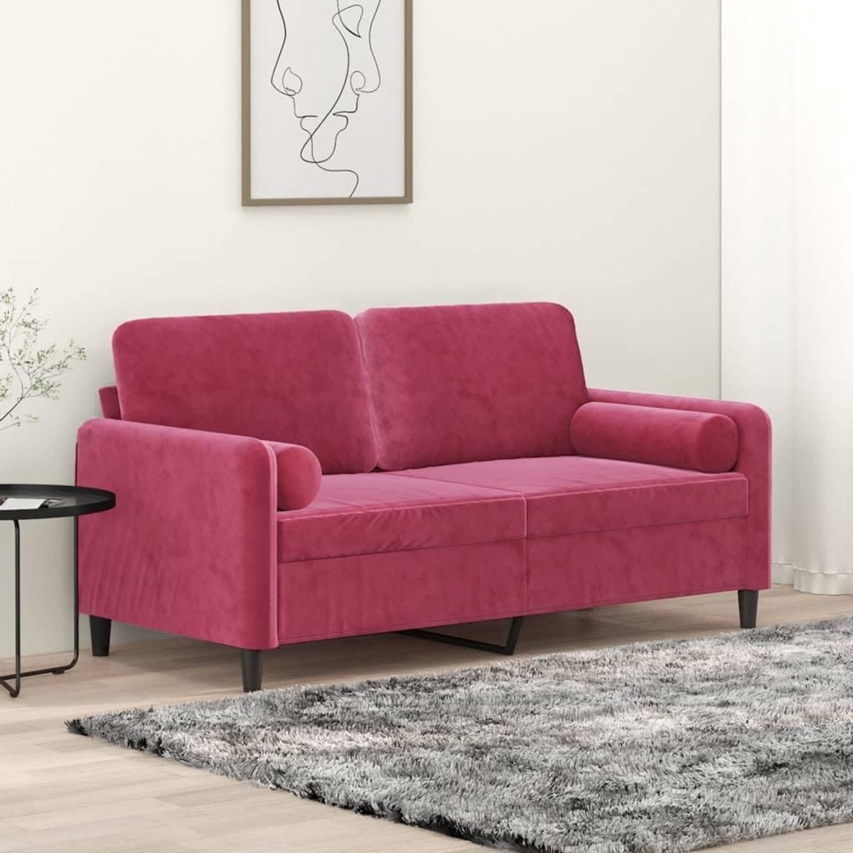 2-zitsbank met afneembare kussenslopen en sierkussens, wijnrood, 140 cm breed, fluweel, robuust metalen frame, comfortabele bekleding