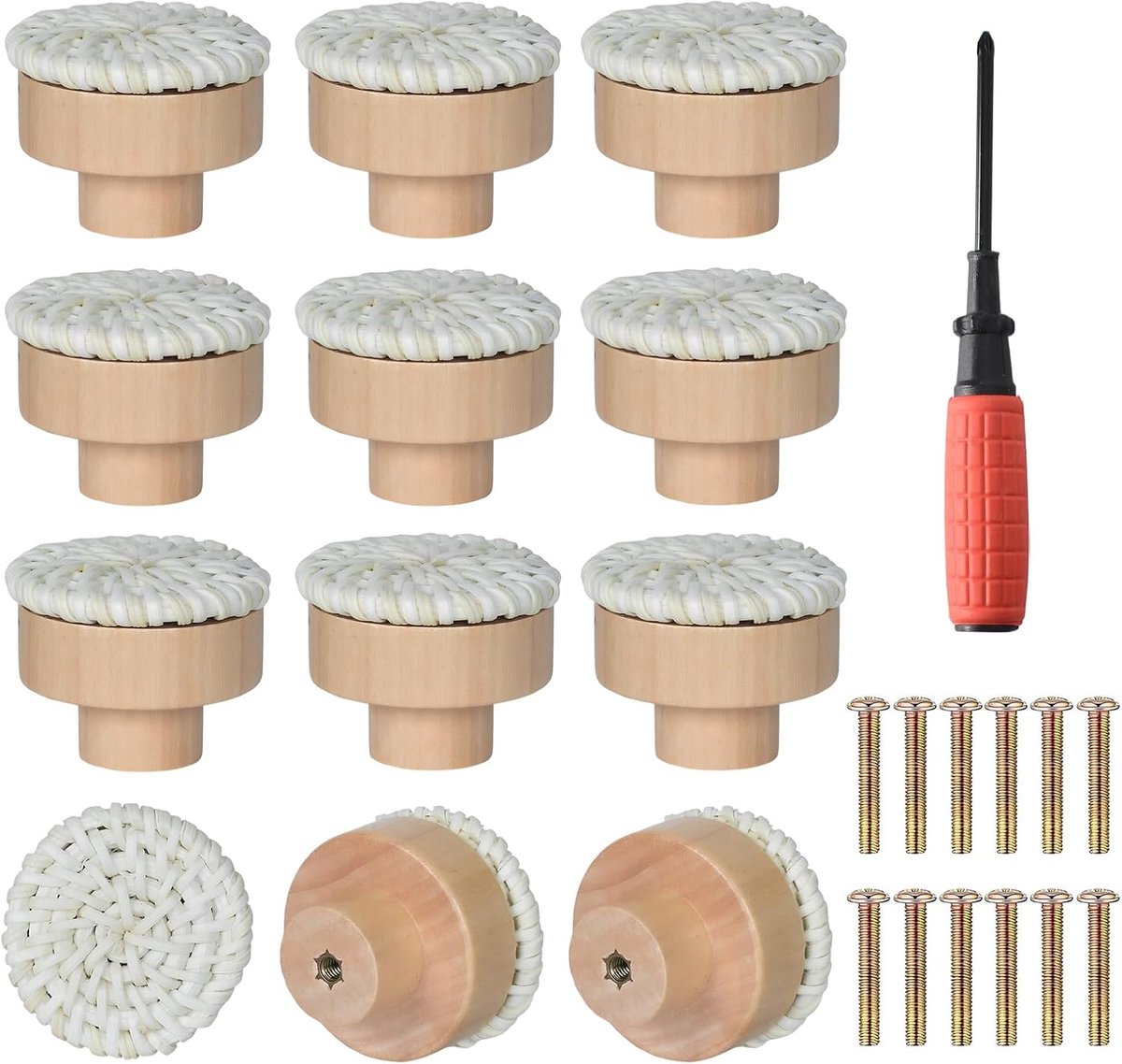 Meubelknoppen van rotan, houten knoppen voor laden, 12 stuks, Boheemse stijl met schroeven voor laden, kasten, commodes, keuken, slaapkamer (wit)