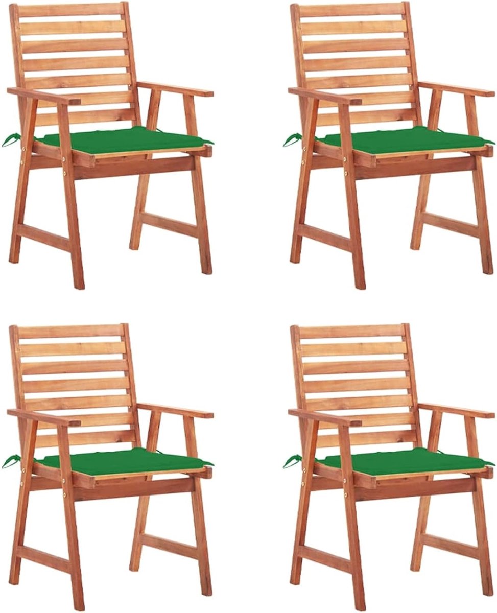 4 stuks tuin-eetstoelen met waterdichte groene kussens, lattendesign, eetstoelen, tuinstoel, terrasstoel, armleuningstoel, houten stoel, hoge rugleuning, zitmeubel, tuinmeubelen, massief hout, acacia