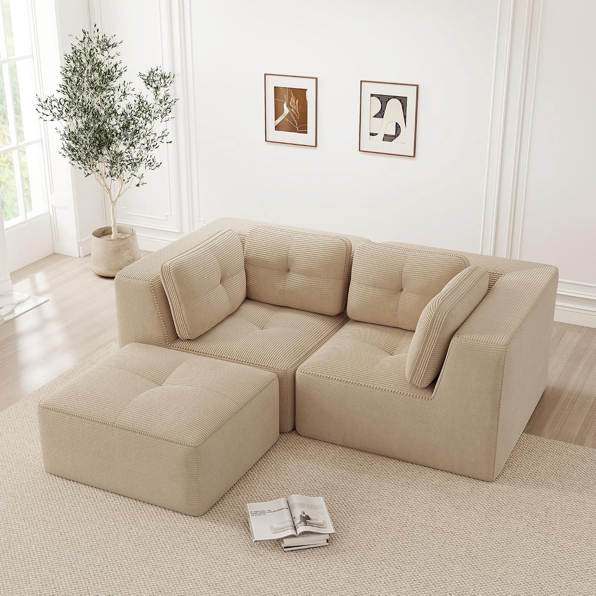 2-zits Cloud hoekbank met chaise longue – L-vorm Sosf zonder montage, 32D zeer elastische bekleding, extra diepe zitting, brede armleuningen, loungebank dicht bij de vloer (beige, hoeksofa