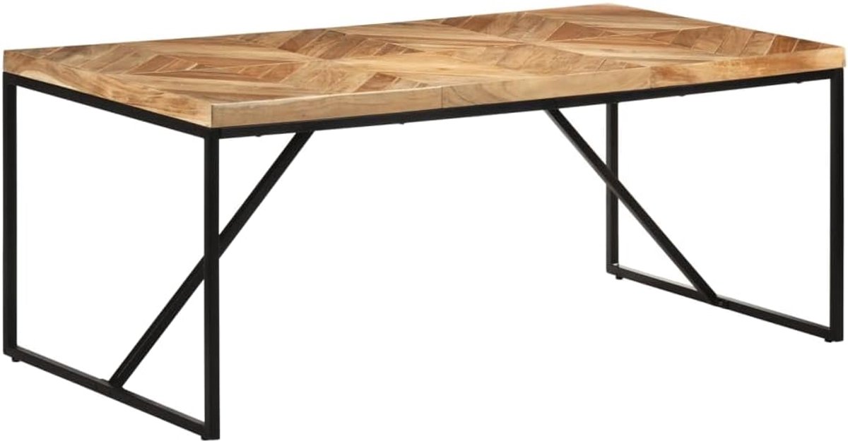 Eettafel van massief acaciahout met stalen poten en Chevron-design, stabiel en duurzaam, voor keuken of eetkamer, industriële stijl.