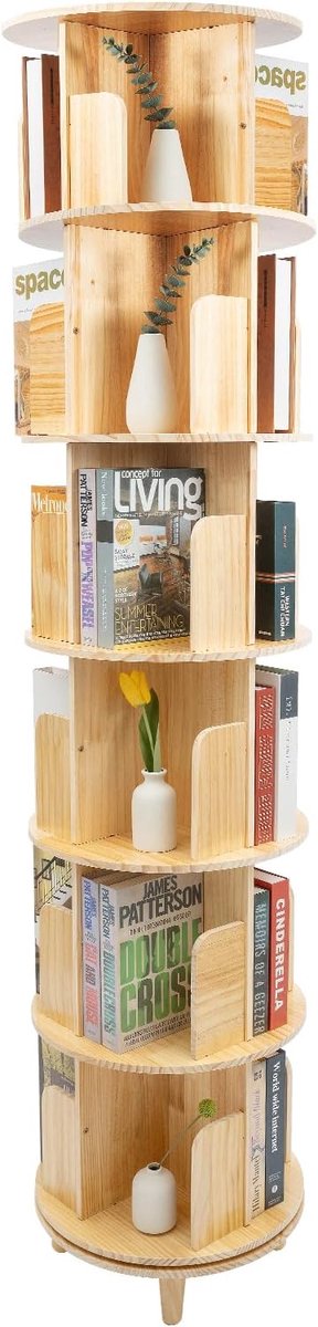 Boekenrek van grenenhout, 6 verdiepingen met 24 vakken, 360° draaibaar, ruimtebesparend, lakvrij, belastbaar per niveau 50 kg, voor kinderkamer, woonkamer, kantoor