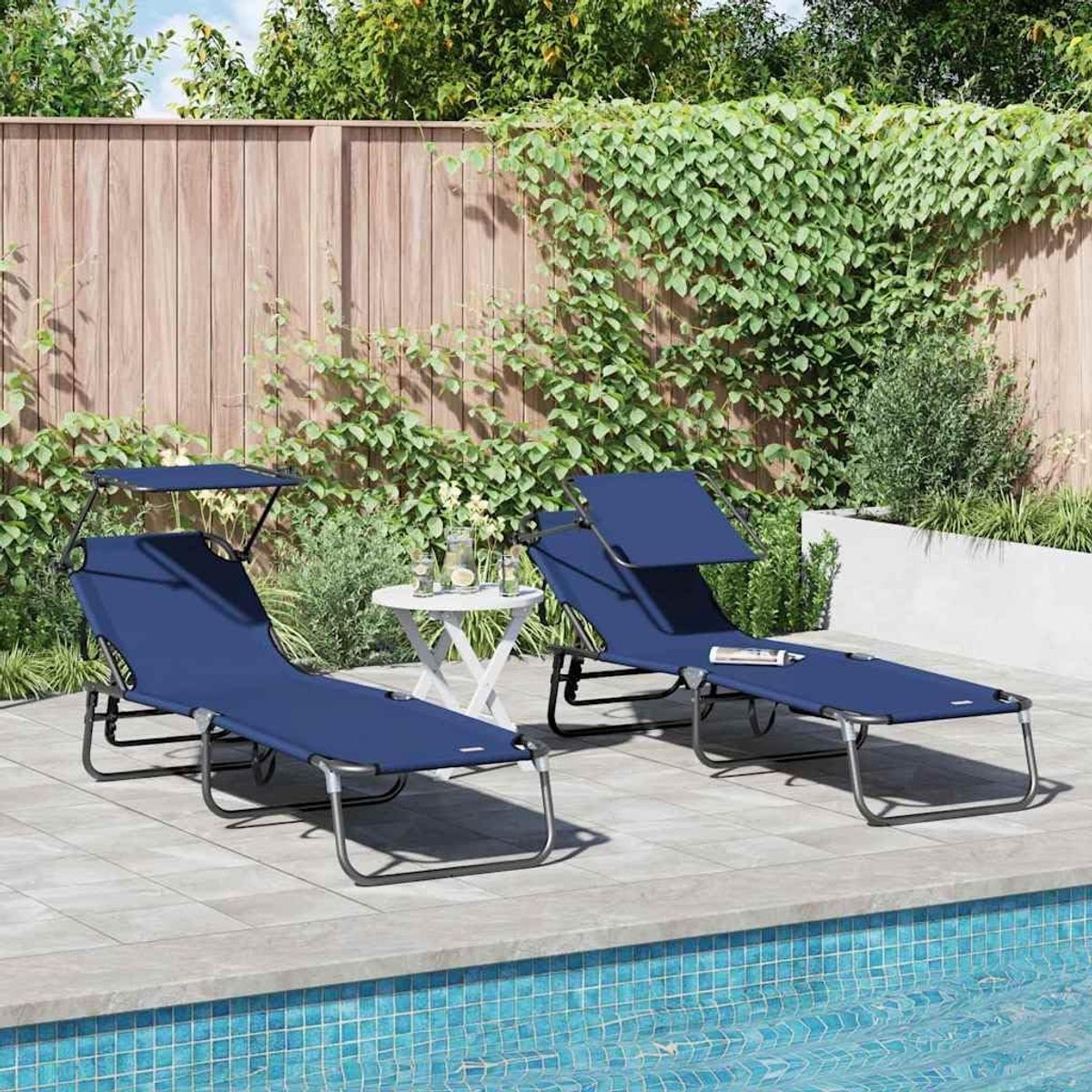 Ligstoel, 2 stuks, blauw, 190 x 57 x 81 cm, Oxford-stof, opvouwbare ligstoel met verstelbare rugleuning en stalen frame, voor terras, balkon, outdoor relaxen