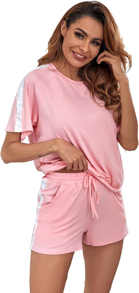 korte pyjamaset, zomer, korte mouwen, top en short, nachtkleding, huispak, tweedelig sleepwear, vrijetijdspak met zak