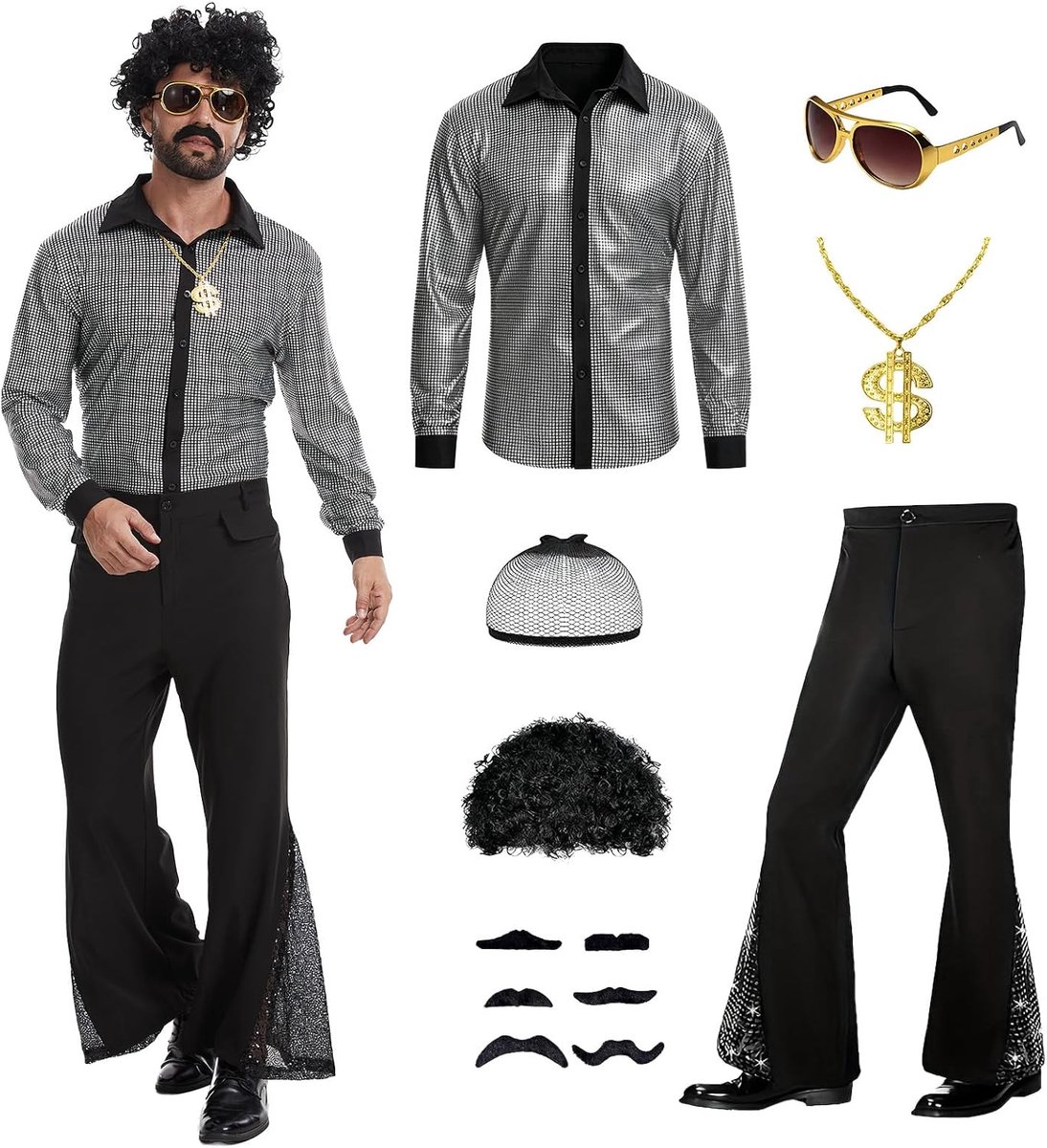 Jaren 70 disco kostuum 7 stuks fancy dress up retro heren