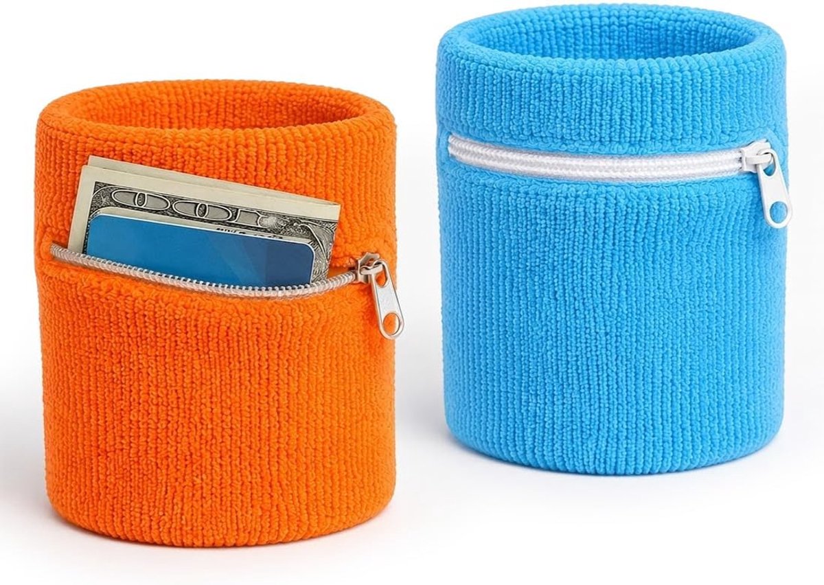 2 stuks zweetbanden voor de pols met ritszak, elastische sportarmband, 8 x 8 cm, van katoen-latex, blauw en oranje, voor hardlopen, fitness, outdoor