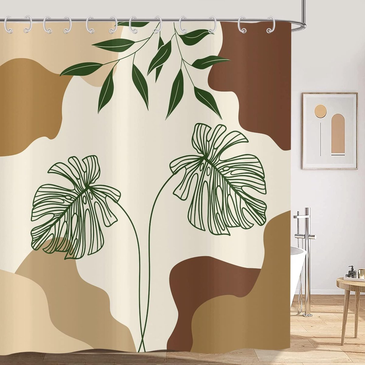 Douchegordijn 180x200, Abstract Tropische Groene Bladeren Plant Beige Badkamer Gordijn Midden Eeuw Modern Minimalistisch Geometrische Esthetische Kunst Waterdichte Stof Badkamer Gordijn