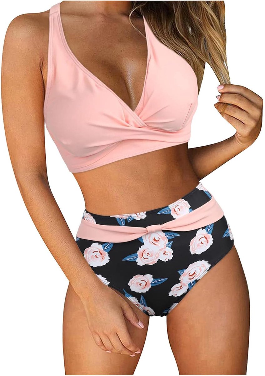 Bikini set, tweedelig, V-hals, kruis, bloemenpatroon, hoge taille, buikcontrole