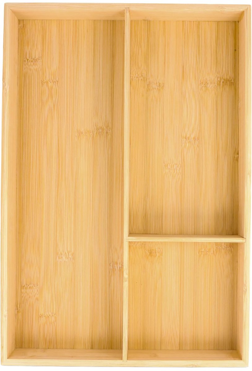 Famanu - Bamboe lade-inzet, 43 x 30 x 6 cm, bestekbak met 3 vakken, organizer voor keukengerei en huishoudelijke artikelen