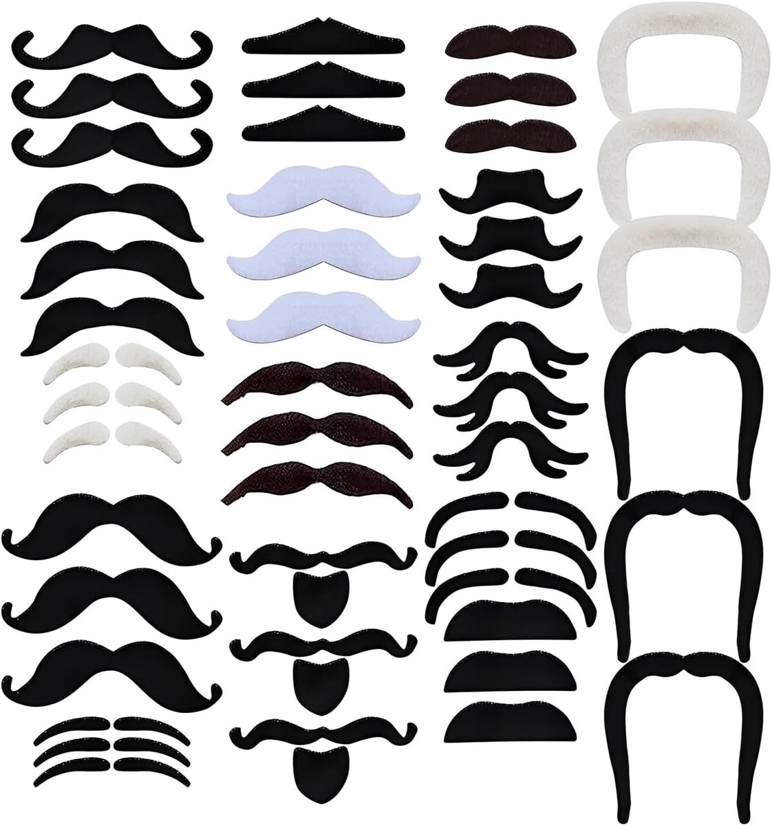 Set van 48 realistische kunstsnorren voor mannen en snorren, kinderen, zelfklevend, voor grappige kostuums voor carnaval, Halloween, verjaardagsfeesten, fotobooth en theater