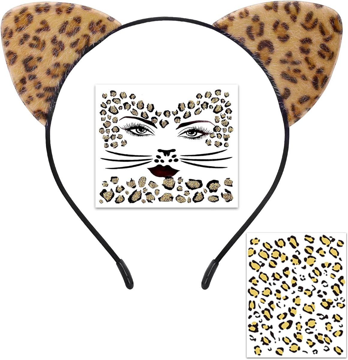 3-delig luipaardkostuum voor dames, luipaardoren, haarband, gezichtstattoo, dierenkostuum, damesaccessoires voor carnaval, Halloween, themafeest, cosplay