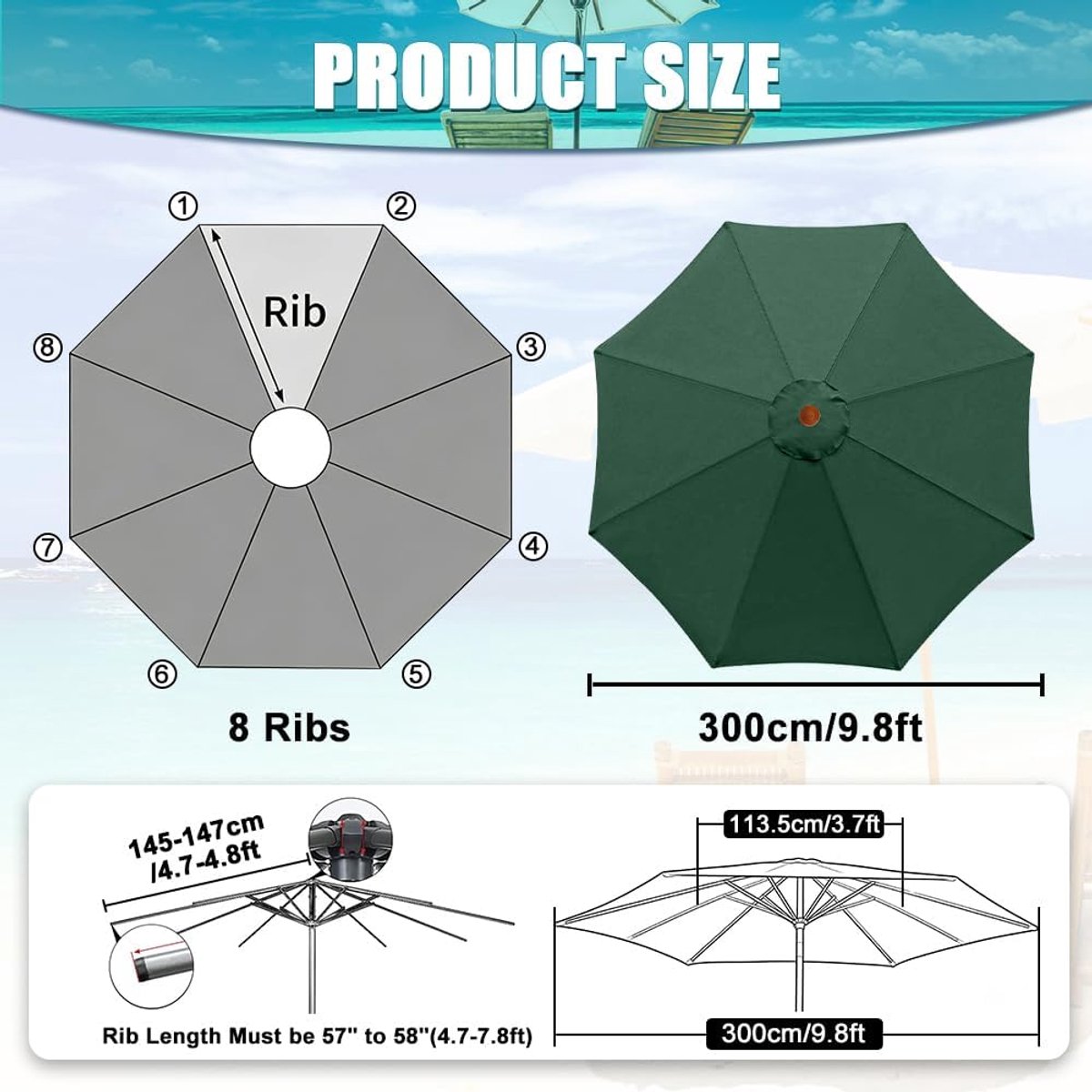 hoes parasol, 300 cm, 8 ribben, waterdicht, UV-bescherming, paraplu, baldakijn, afdekking, outdoor, markt, tafel, luifel, vervangende stof