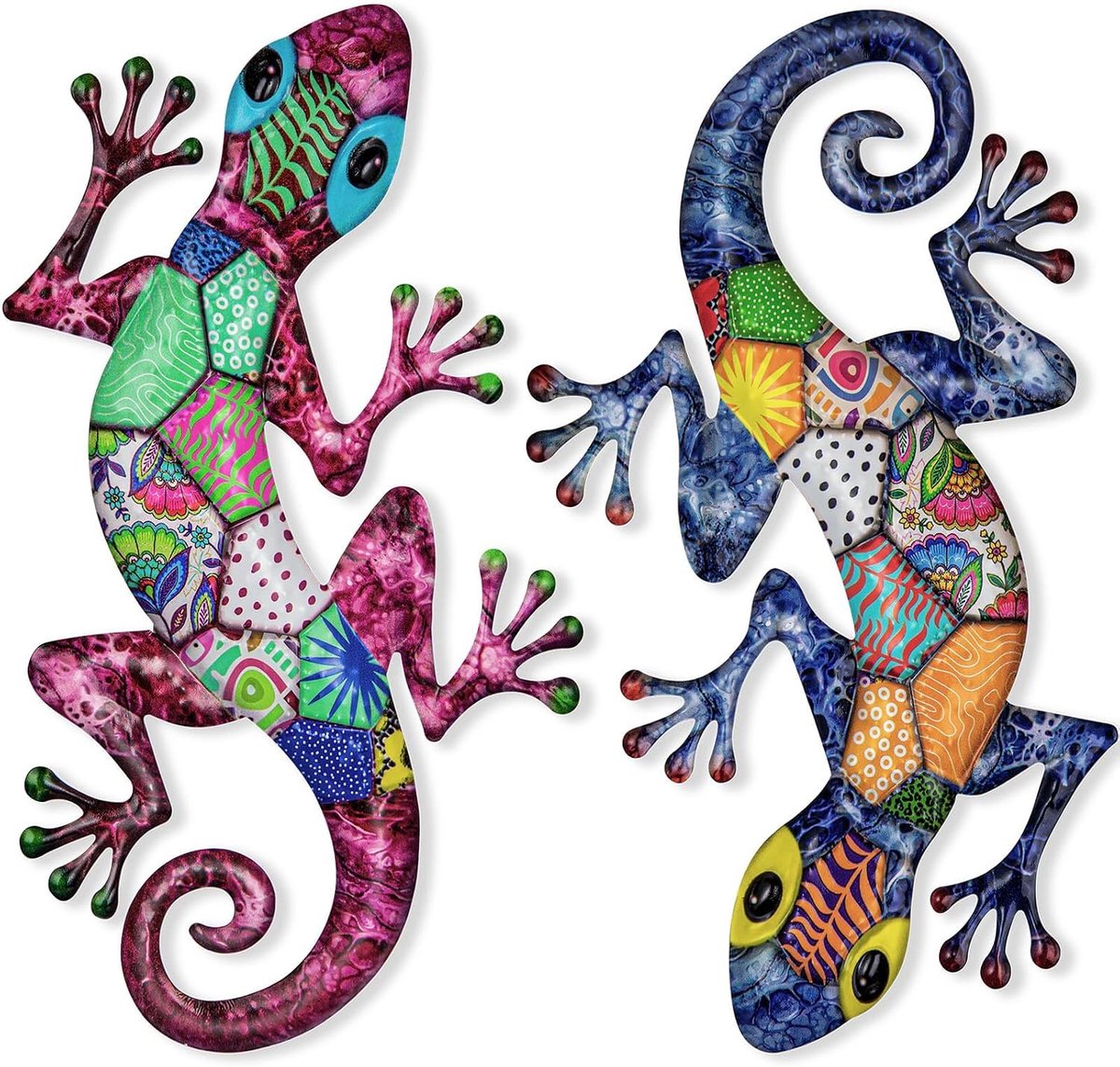 2 stuks metalen gekko-muurkunst, 43 cm grote hagedis, wanddecoratie voor buiten, sculptuur voor hek, tuin, binnenplaats, kamer, terras (Colour-A)