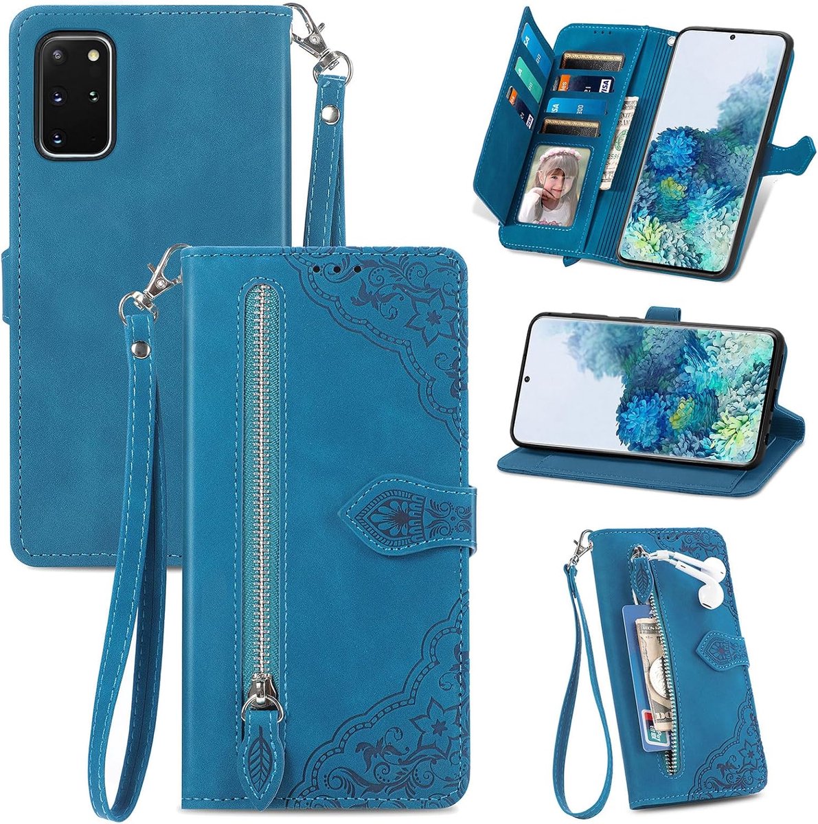 Beschermhoesje voor Samsung Galaxy S20 Plus, ritssluiting, standfunctie, vakken, magnetisch, schokbestendig, leren portefeuille, blauw