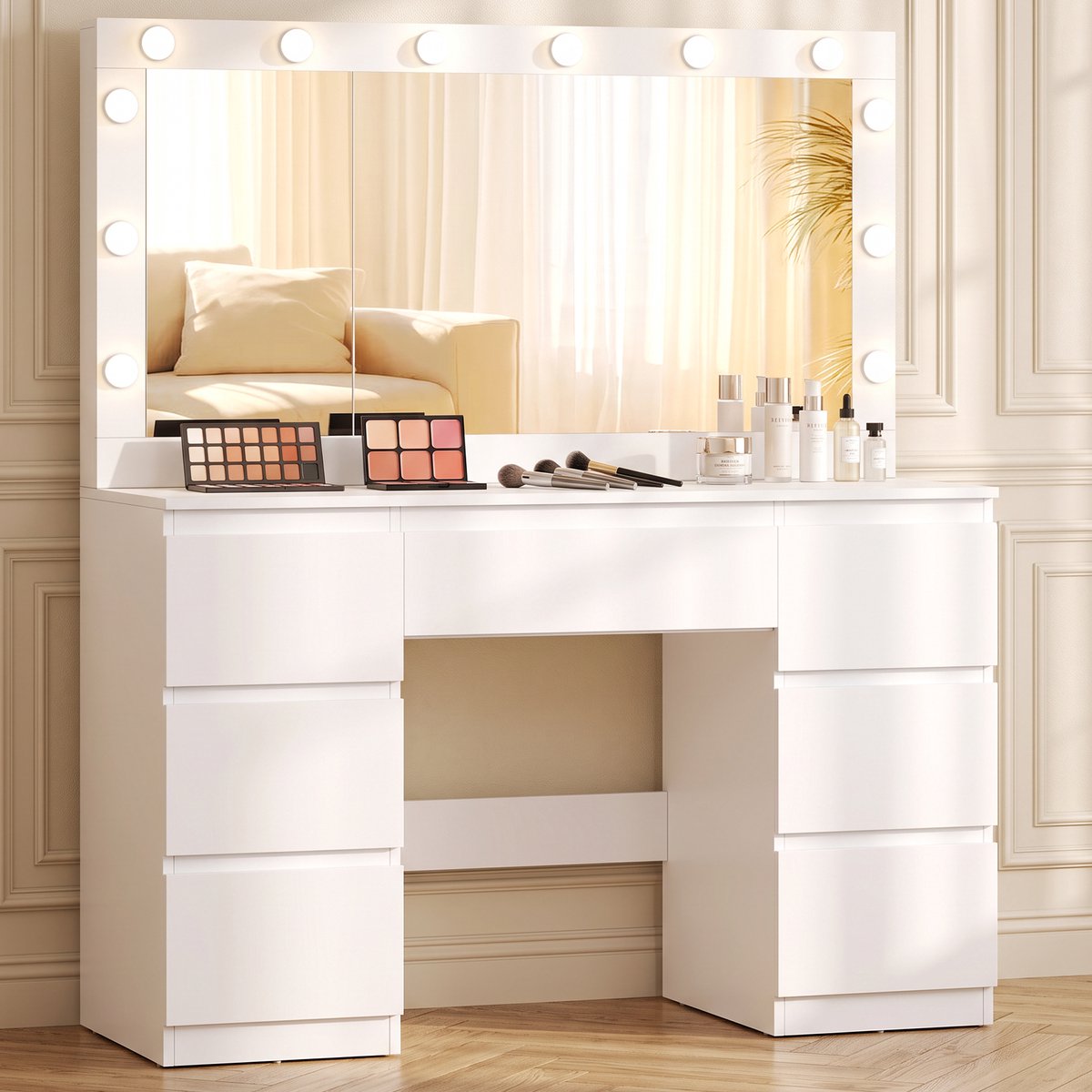 Devoko Kaptafel met Spiegel en Dimbare LED Verlichting – XXL Spiegel 106 × 51 cm, 3 Lichtkleuren – Verborgen Sieradenkast en 7 Laden – 2 Stopcontacten, USB en USB-C – 120 × 40 × 140 cm – Mat Wit