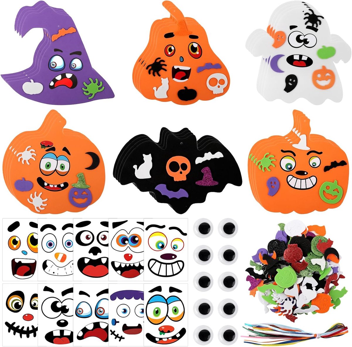 Halloween knutselset voor kinderen, 24 stuks doe-het-zelf pompoen knutselset, Halloween knutselpompoen met zelfklevende stickers om te knutselen, creatief kunsthandwerk voor Halloween-decoratie