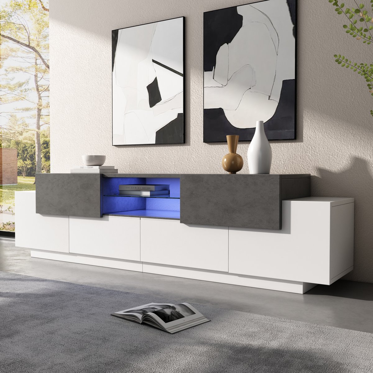 TV Meubel 180 cm met LED Verlichting, TV Kast met 2 Laden, 4 Kasten en 3 Open Vakken, TV Dressoir voor TV tot 80 Inch, Wit met Grijze Marmerlook