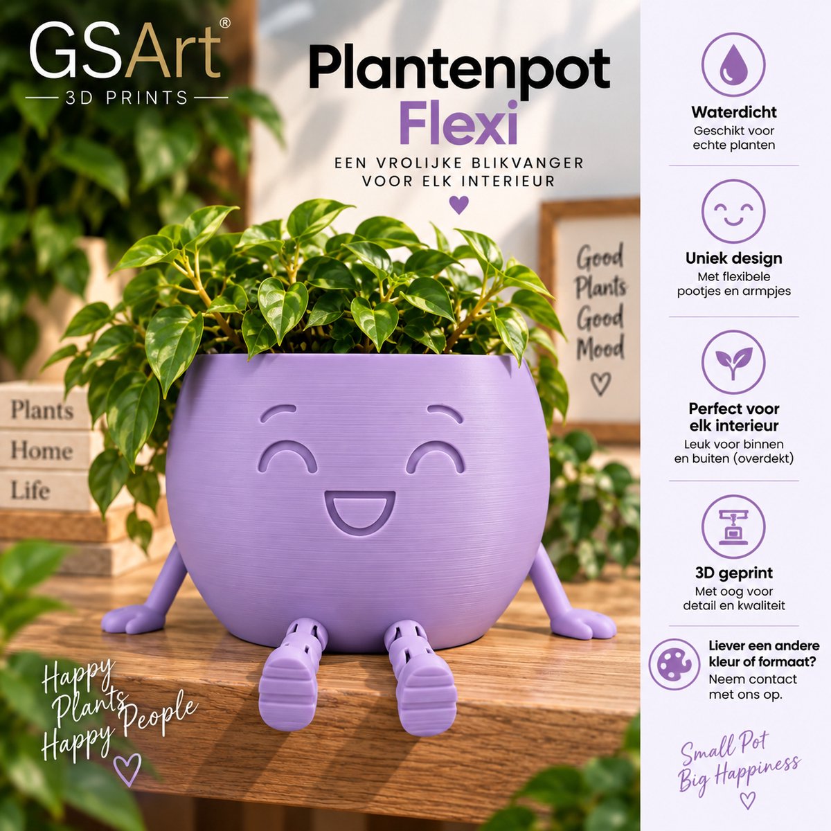 GSArt Plantenpot Flexi – Waterdichte 3D Geprinte Bloempot met Flexibele Benen - Mat Lila