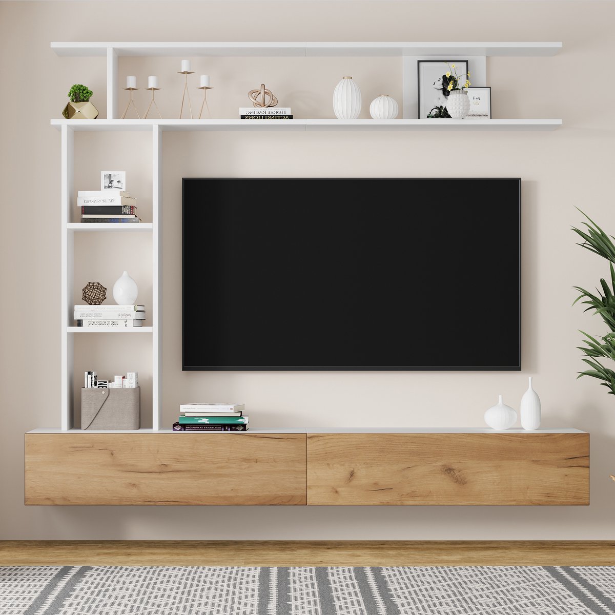 TV-wandmeubel set - voor woonkamer - tv-kast 180 cm breed - wit en hout - incl. wandrek en legplank - zacht sluitende scharnieren, staand en hangend - geschikt voor max. 80 inch tv
