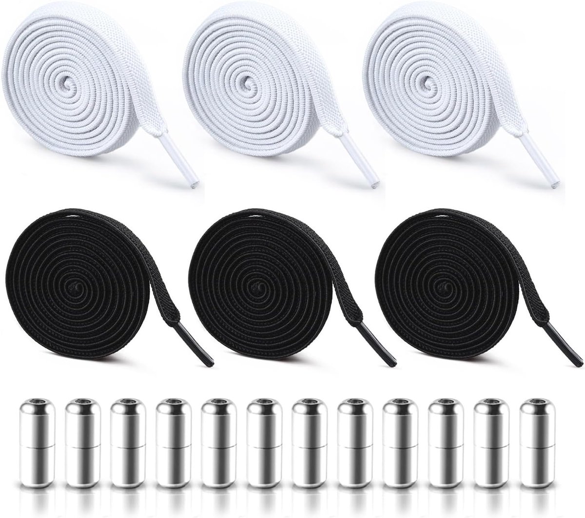6 Paar Platte Veters Zonder Strik, Elastische Elastische Schoenveters, Met Metalen Houders, Snelsluiting, Universeel Voor Volwassenen En Kinderen (Zwart, Wit).