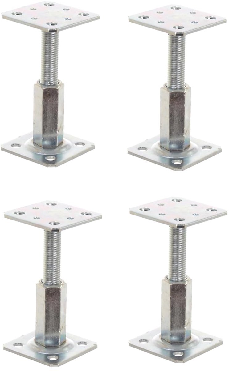 Set van 4 paaldragers, in hoogte verstelbaar, 80 x 80 mm, balkschoenen, paalschoen, paalhouder, steunvoet verstelbaar, vloerpoot, betonvoet om vast te schroeven, galvanisch verzinkt