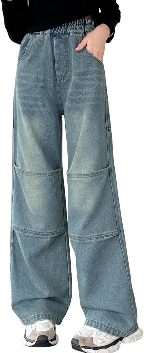 Jeans voor meisjes met losse elastische denim tailleband, blauwe spijkerbroek met modieuze scheuren