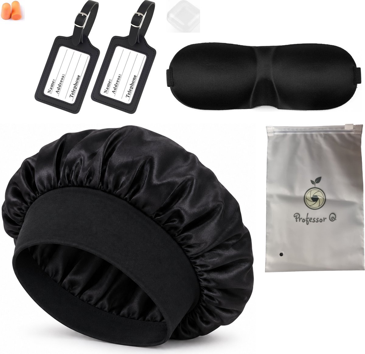 Professor Q Reisset - 2 PU-Kofferlabels Zwart - Slaapmasker Zwart - Bonnet Zwart