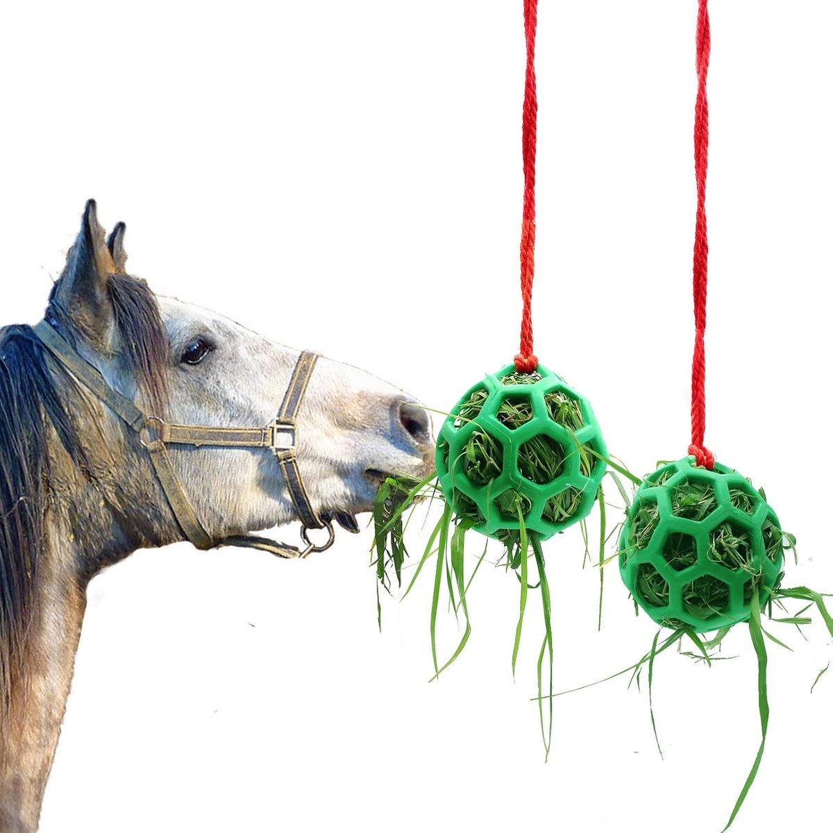 2 stuks hooi voederstation voor paarden, geitenbal, om op te hangen, voor paarden, geiten, schapen, stressvermindering, groen