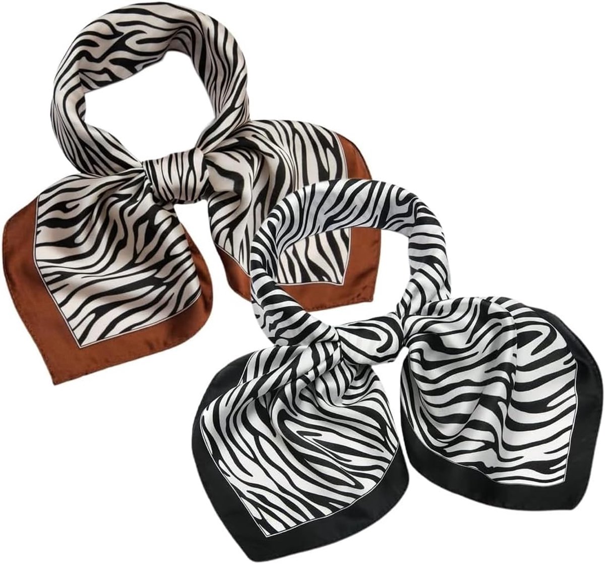Sjaals voor dames, 2 stuks, haarbanddoeken voor dames, 70 x 70 cm, zebrapatroon voor dames, zijden doeken voor alle seizoenen, sjaals (bruin, zwart)