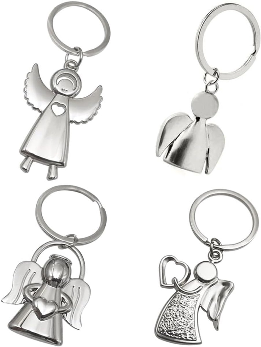 Sleutelhanger met beschermengel, 4 stuks, engel met hartjes, geluksbrenger, hanger, cadeau, sleutelhanger, beschermengel, cadeau voor familie, zilver, 5,2cm x 3,4cm