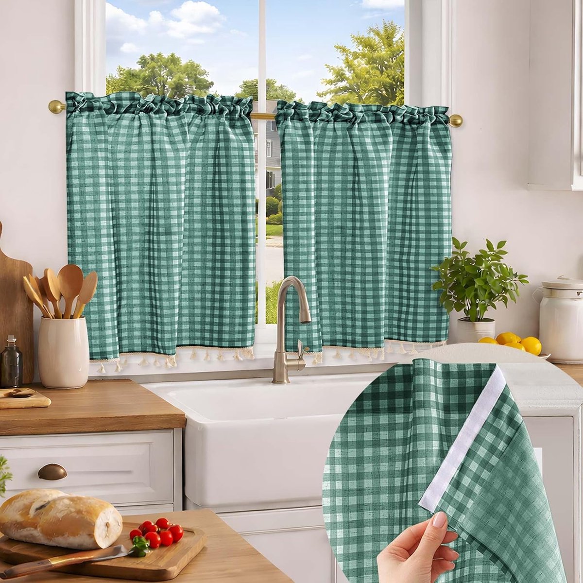 Keukengordijn Kort voor Blikbescherming, Vitragegordijn Ondoorzichtig met Karo-Optiek, Eenvoudig te Monteren (Donkergroen-H61 x B86cm, 2-delig)