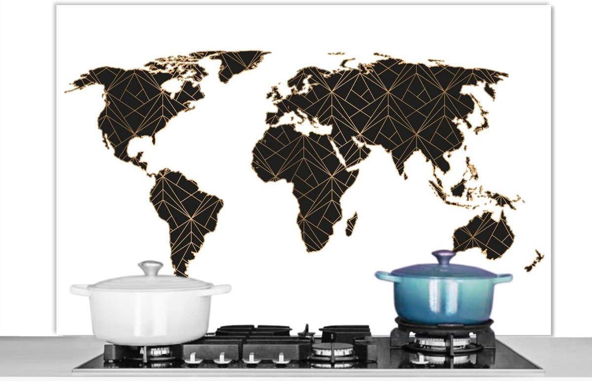 Spatscherm Keuken - 120x80 cm - Wereldkaart - Zwart - Goud - Kinderen - Jongens - Meisjes