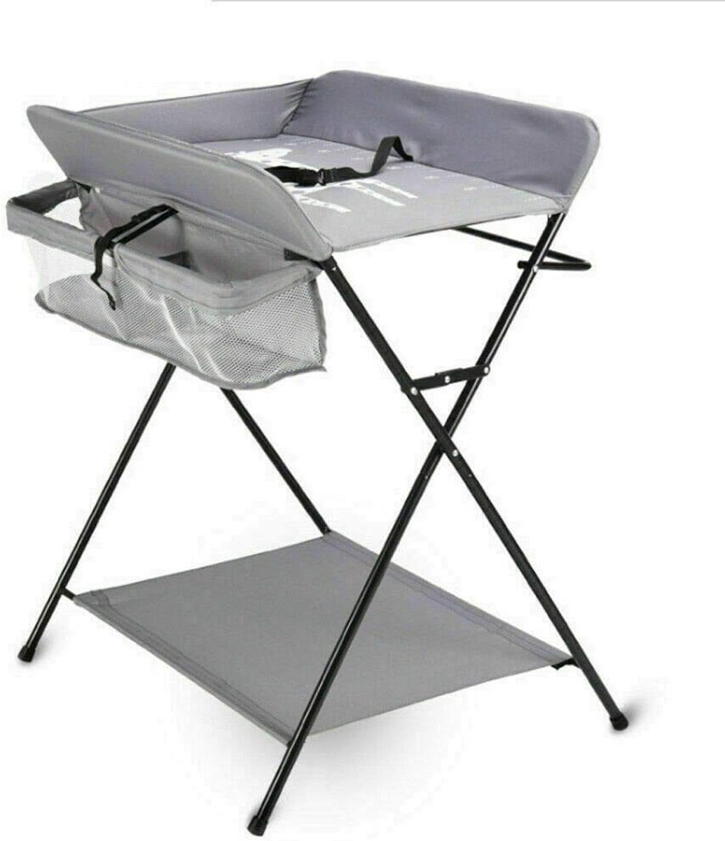 Inklapbare commode met aankleedkussen, veiligheidsgordel en opbergvakken (grijs)
