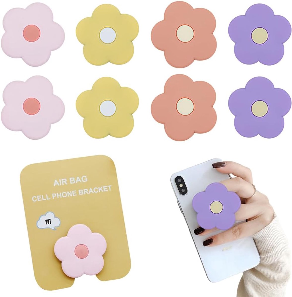8 stuks mobiele telefoongreep, ronde mobiele telefoonringhouder, uitbreidbare basis en handgreep voor smartphones en tablets, opvouwbaar en intrekbaar