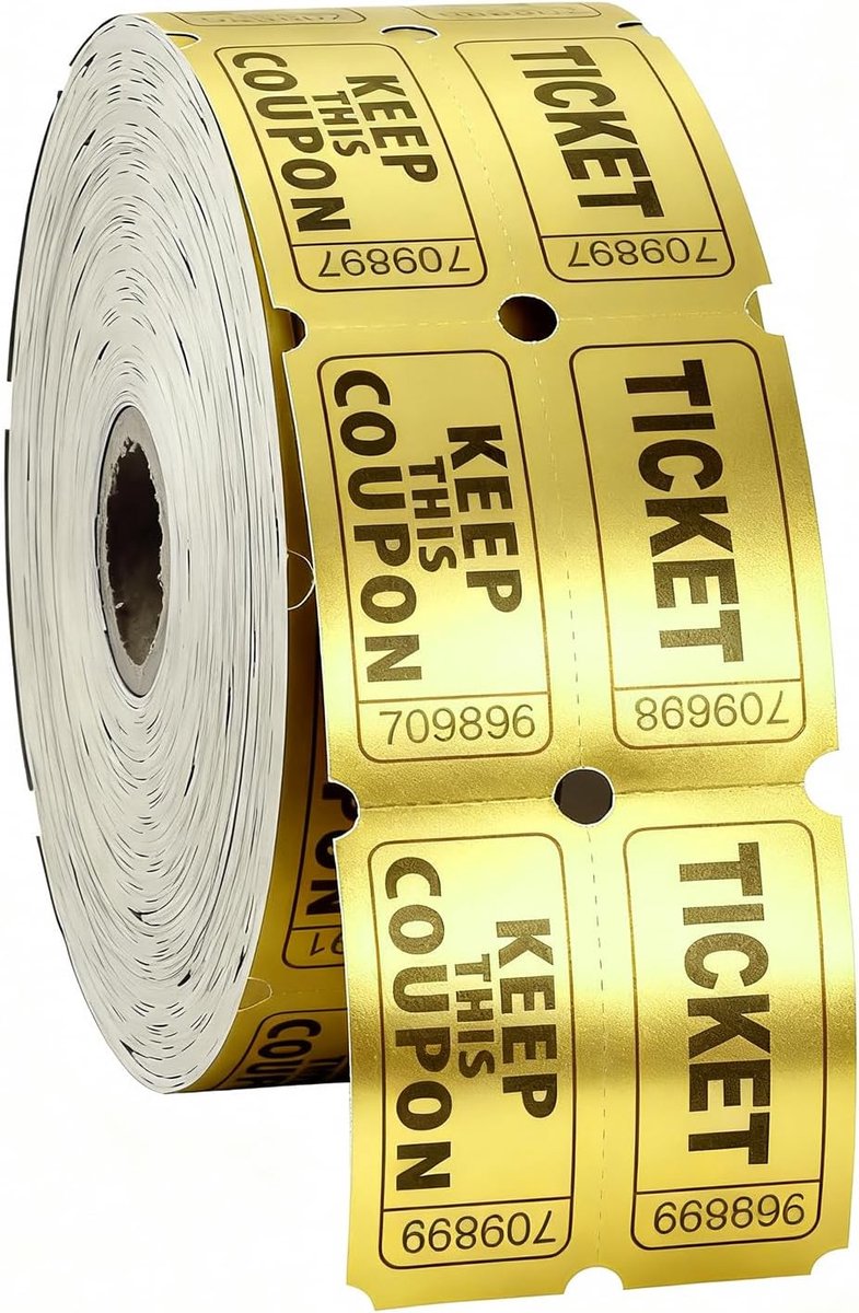 1000 stuks (500 paar) doorlopend genummerde tombola-tickets, dubbele rol, rood/blauw, 5 x 5 cm 50/50 raffletickets voor evenementen, toegang, klasbeloning, verliezen deurprijzen (goud)