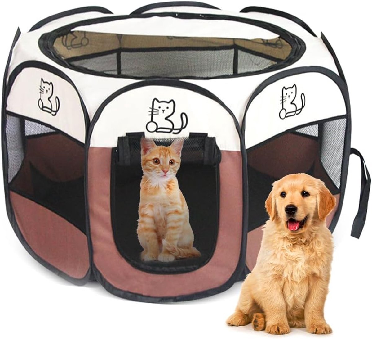 box voor puppy's, 74 x 74 x 43 cm, draagbaar, voor katten, katten, konijnen, binnen en buiten (bruin) voor puppy's en katten