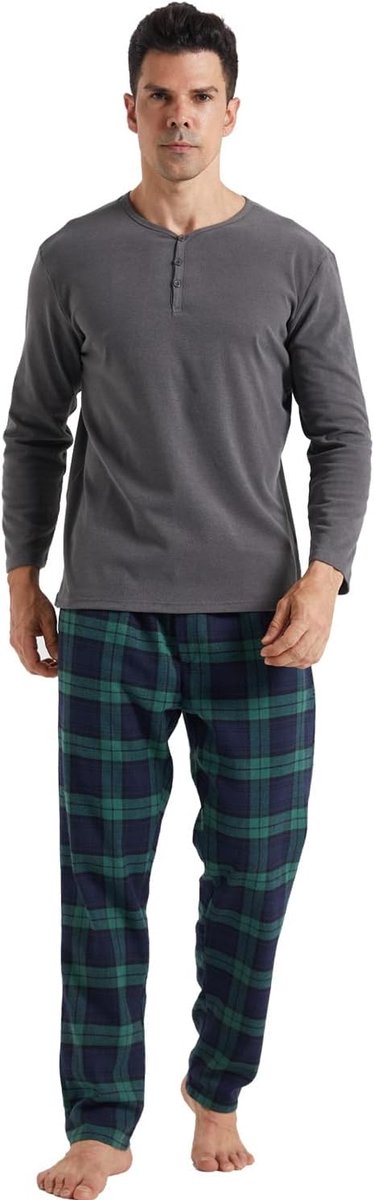 Pyjama voor heren, lange katoenen winterpyjama, lange mouwen, shirt en flanel, geruit, pyjamabroek met zak, zachte fleece, loungewear, nachtkleding set