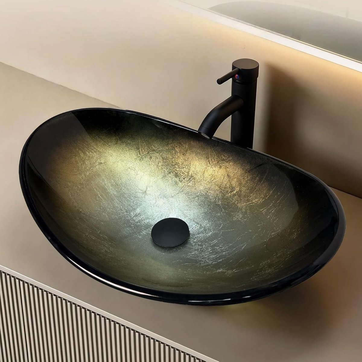 Complete set - Opzetwastafel van ovaal glas voor badkamer, moderne wastafel, gehard glas 12 mm, hangspoelbak gouden melkwegstelsel design met kraan inbegrepen, luxe decoratie, toilet (53 x