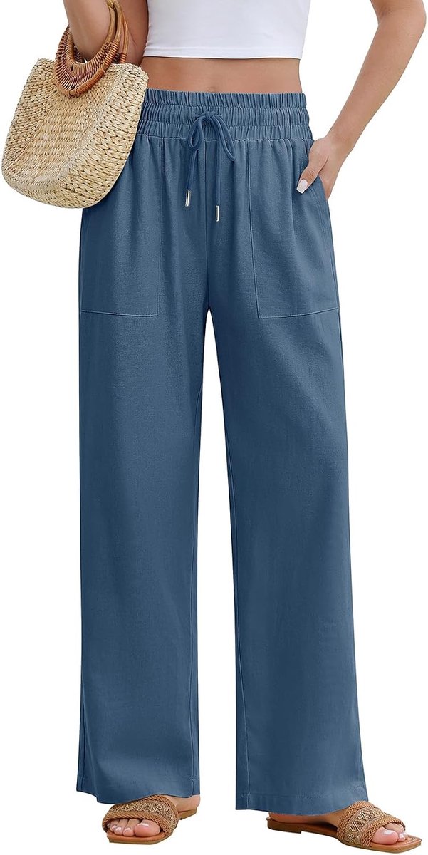 Linnen broek voor dames, lichte zomerbroek, brede elastische taille, effen, joggingbroek, zomer, strandbroek, vrijetijdsbroek, stoffen broek met trekkoord en zakken