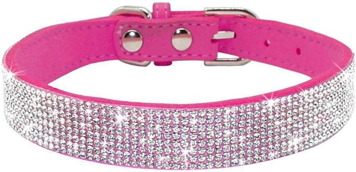 Hondenhalsband met strassteentjes, zacht kunstleer, maat XS, felroze