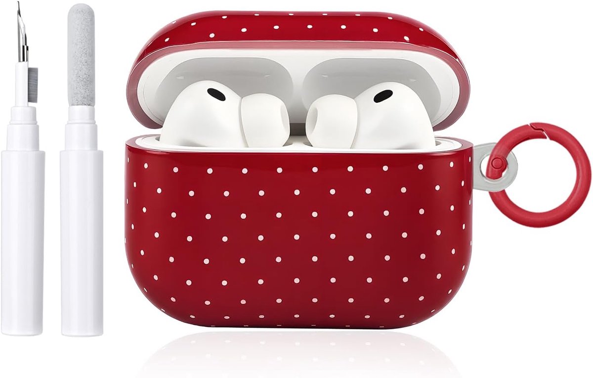 Etui voor AirPods Pro 3 met schoonmaakset, leuke stippenprint, esthetisch design voor meisjes, vrouwen, sleutelhanger, schokbestendige hoes voor Airpods Pro 3e generatie, rood