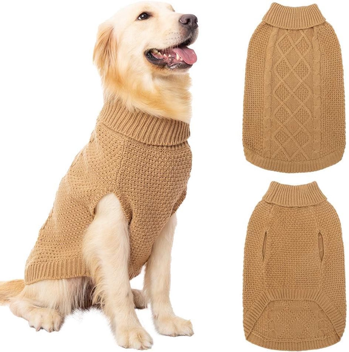 Hondentrui met rolkraag - hondentrui winterjas kleding klassieke kabelgebreide kleding met riemgat voor koud weer