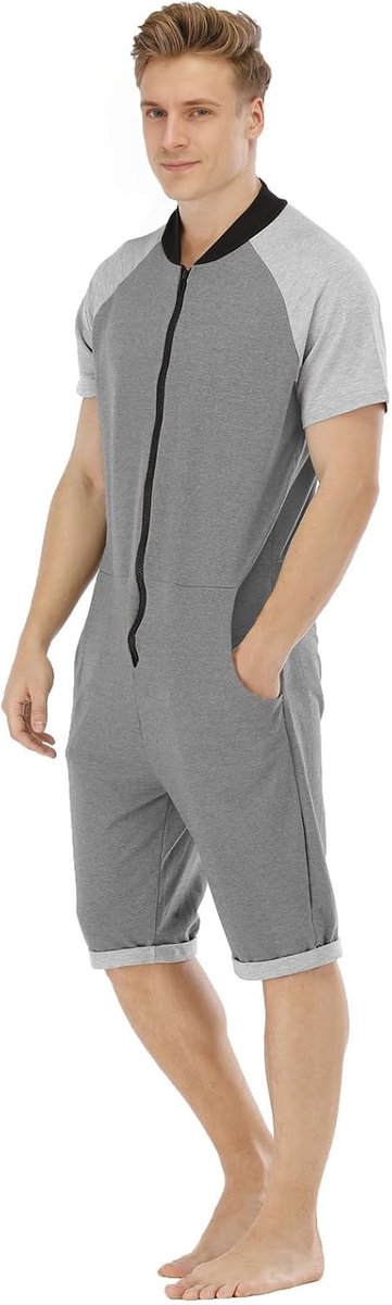Pyjama voor heren, rompertjes met capuchon, korte mouwen, shorts, zomer, comfortabel, ritssluiting, volwassenen, eendelig, homewear, onesie, trainingspak