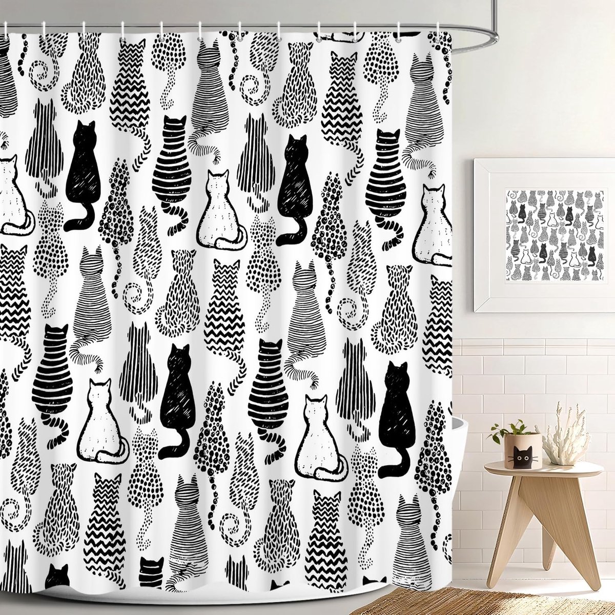 Douchegordijn, 180 x 200 cm, schattige kat, grappige zwart-witte cartoon kat, waterdichte stof, wasmachinebestendige badkamergordijn met haken